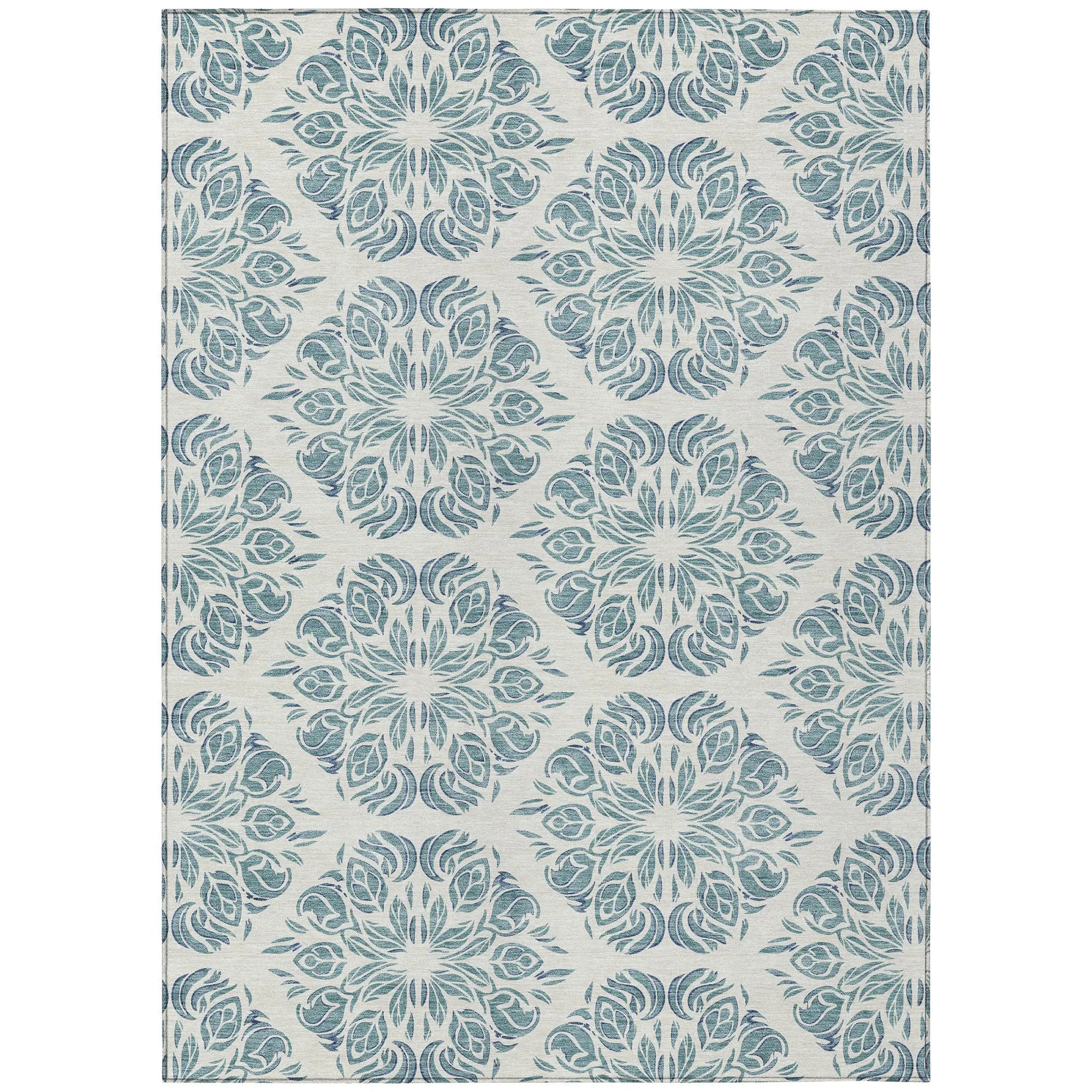 10' X 14' Teal Blue And Ivory Damask Washable Indoor Outdoor Area Rug Homeroots Outdoor