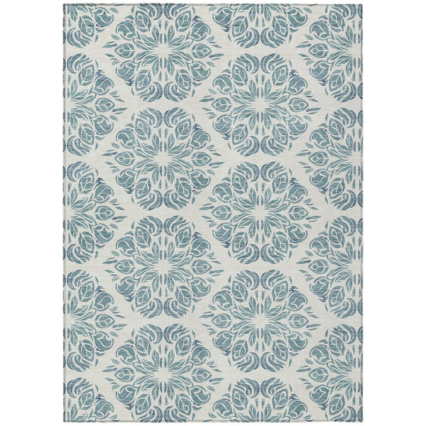 10' X 14' Teal Blue And Ivory Damask Washable Indoor Outdoor Area Rug Homeroots Outdoor