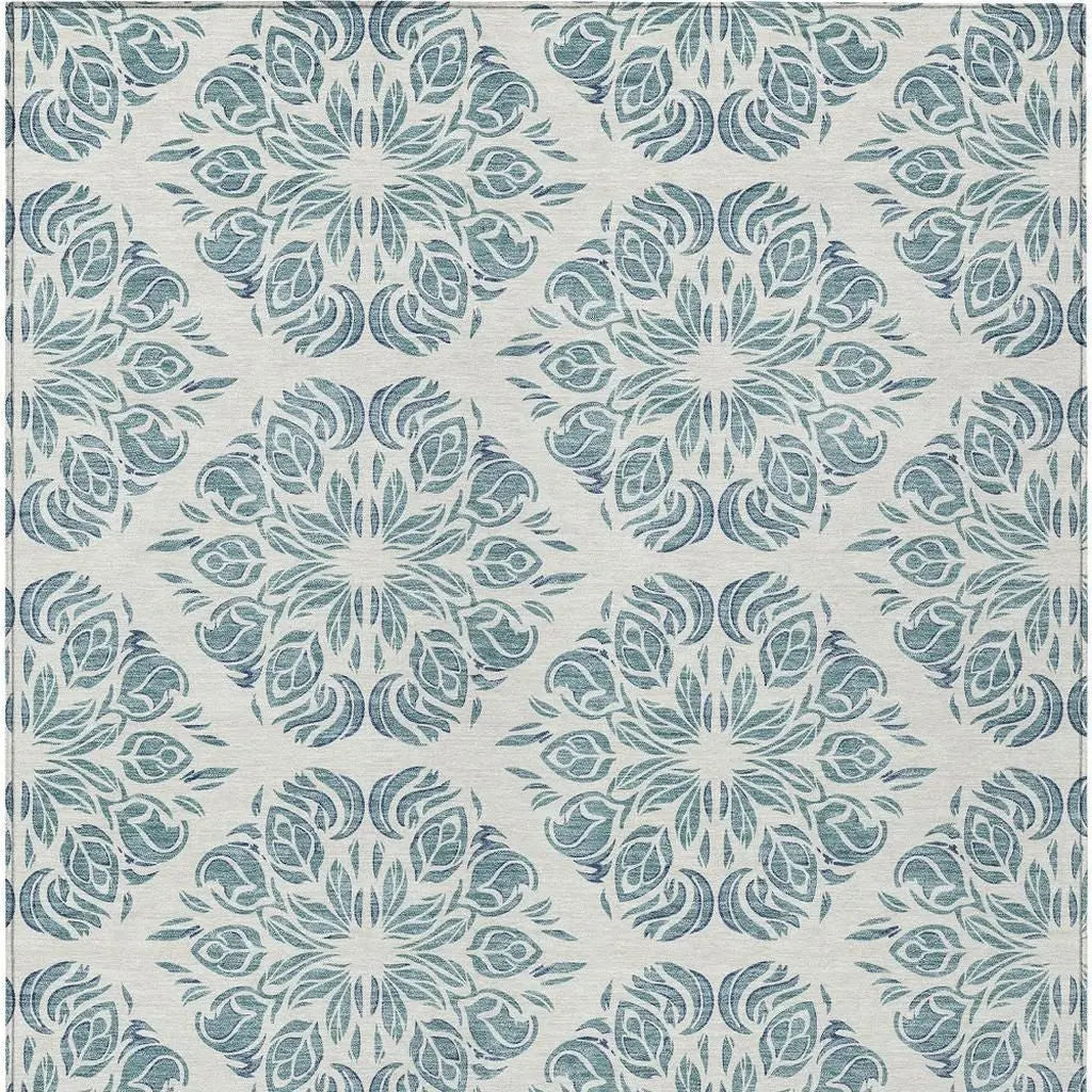 10' X 14' Teal Blue And Ivory Damask Washable Indoor Outdoor Area Rug Homeroots Outdoor