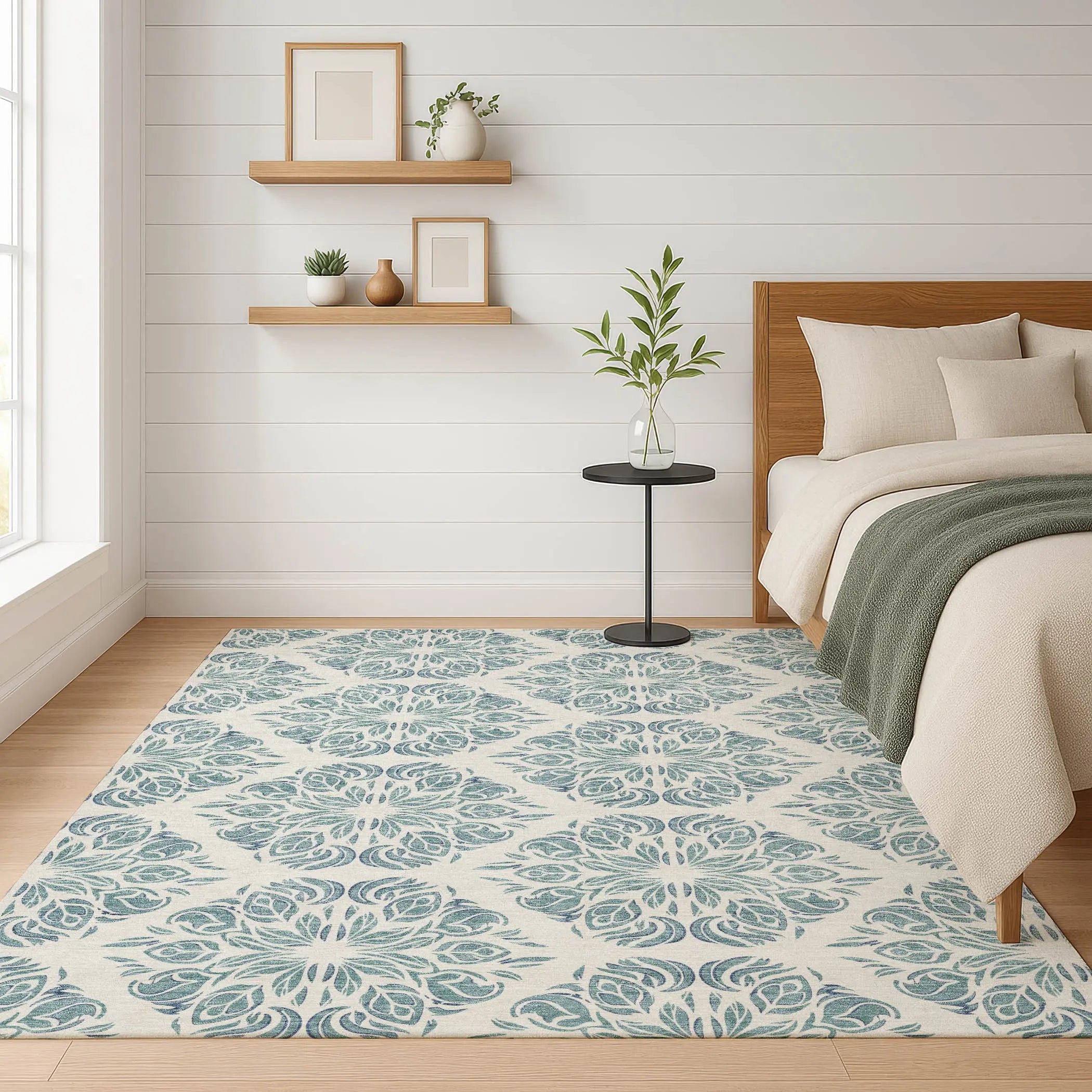 10' X 14' Teal Blue And Ivory Damask Washable Indoor Outdoor Area Rug Homeroots Outdoor