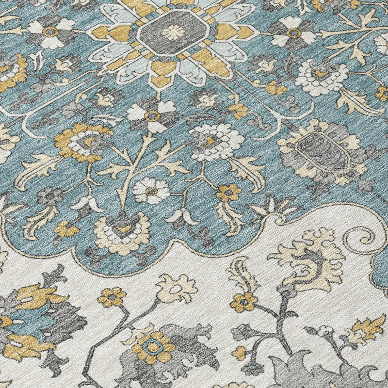 10' X 14' Teal Blue And Ivory Floral Medallion Washable Indoor Outdoor Area Rug Homeroots Outdoor