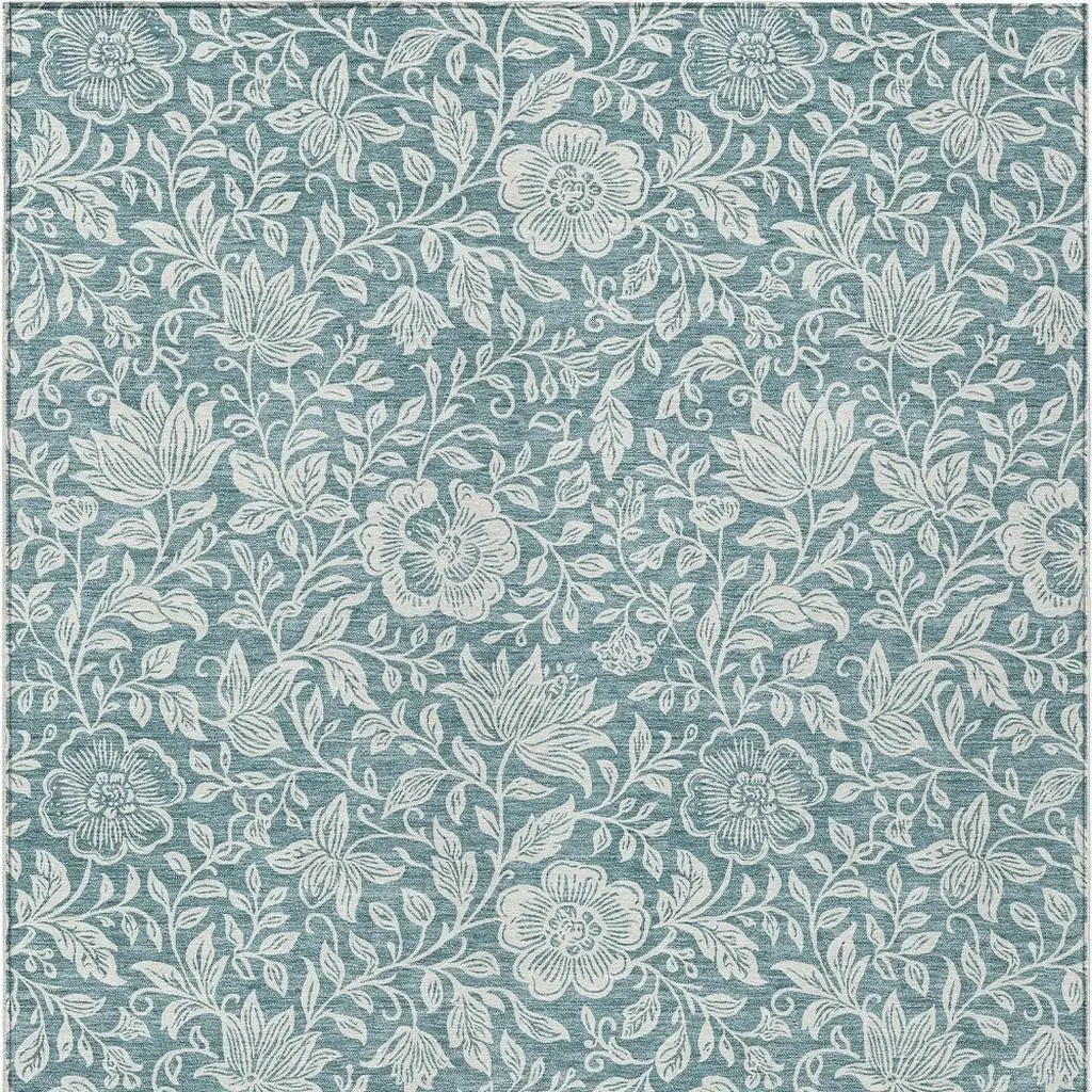 10' X 14' Teal Blue And Ivory Floral Washable Indoor Outdoor Area Rug Homeroots Outdoor