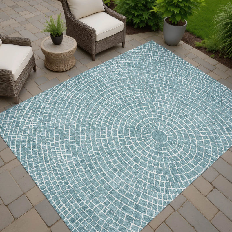 10' X 14' Teal Blue And Ivory Geometric Washable Indoor Outdoor Area Rug Homeroots Outdoor