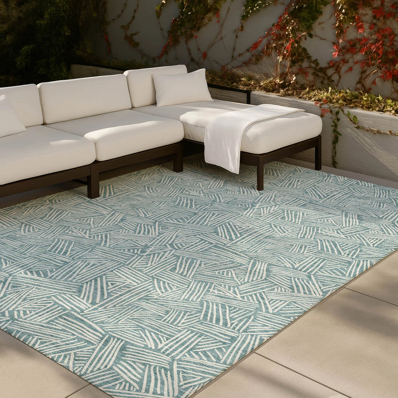 10' X 14' Teal Blue And Ivory Geometric Washable Indoor Outdoor Area Rug Homeroots Outdoor