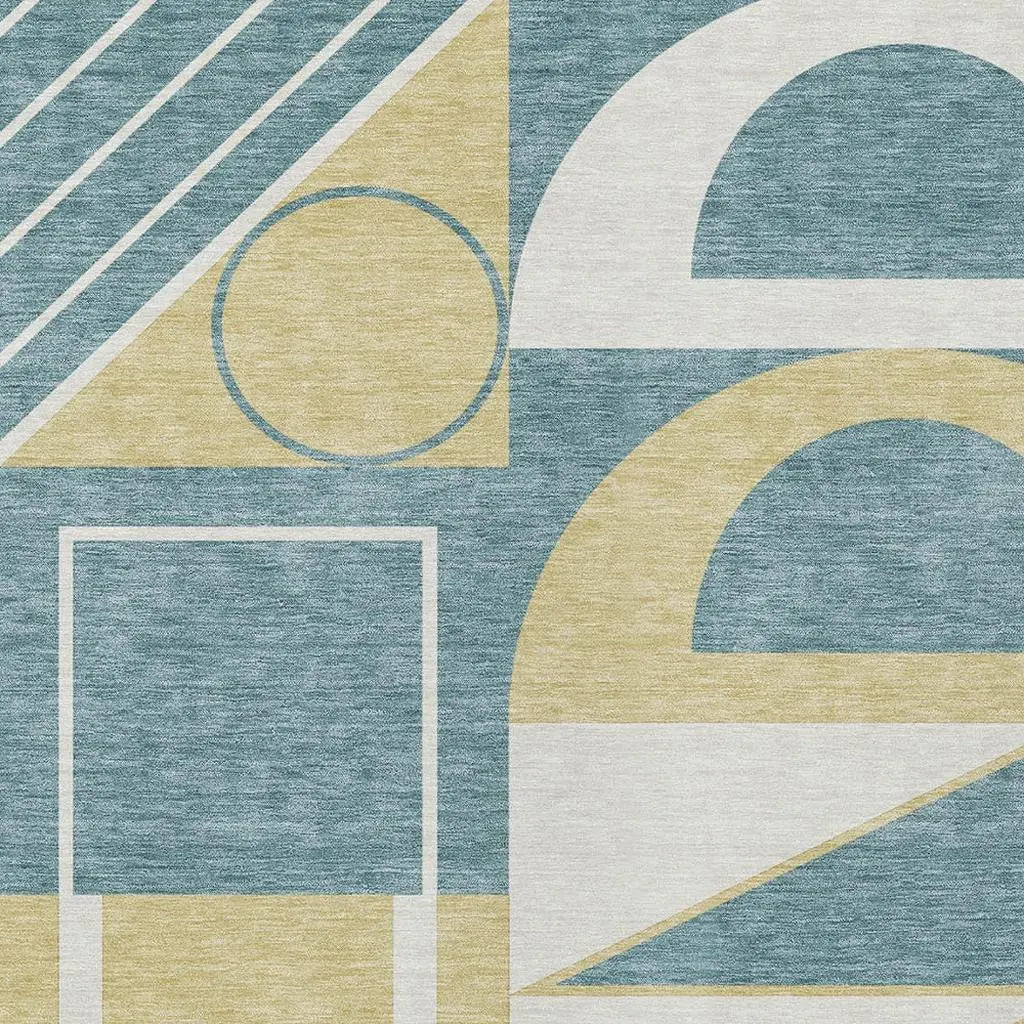 10' X 14' Teal Blue And Ivory Geometric Washable Indoor Outdoor Area Rug Homeroots Outdoor