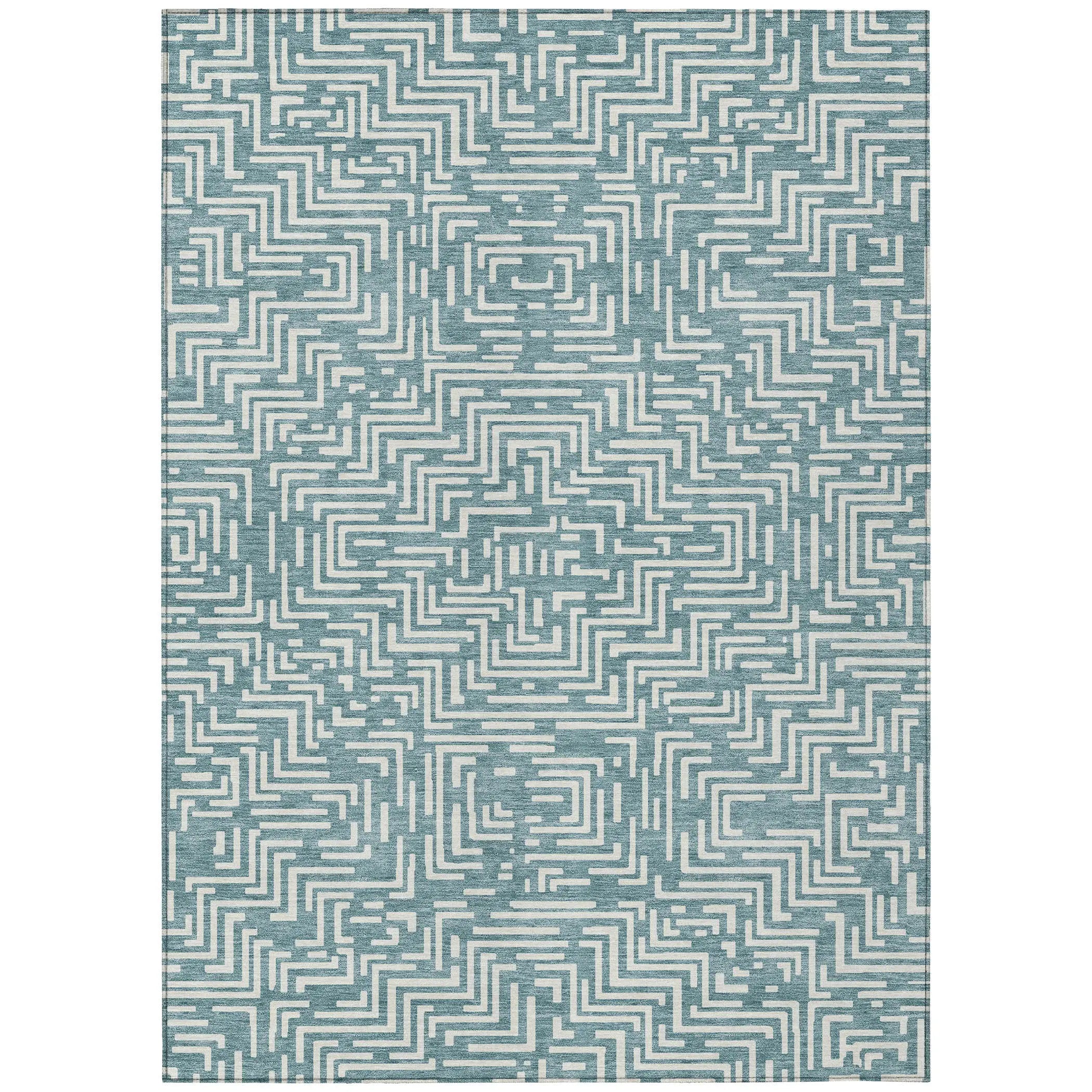 10' X 14' Teal Blue And Ivory Geometric Washable Indoor Outdoor Area Rug Homeroots Outdoor