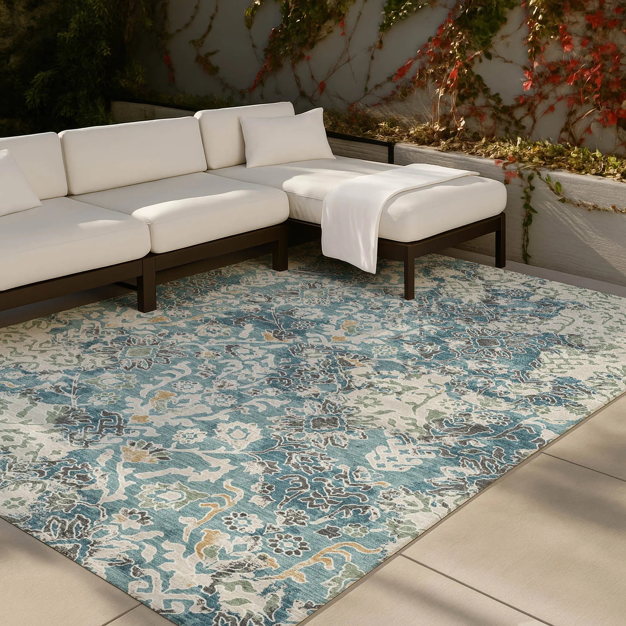 10' X 14' Teal Blue And Ivory Geometric Washable Indoor Outdoor Area Rug Homeroots Outdoor