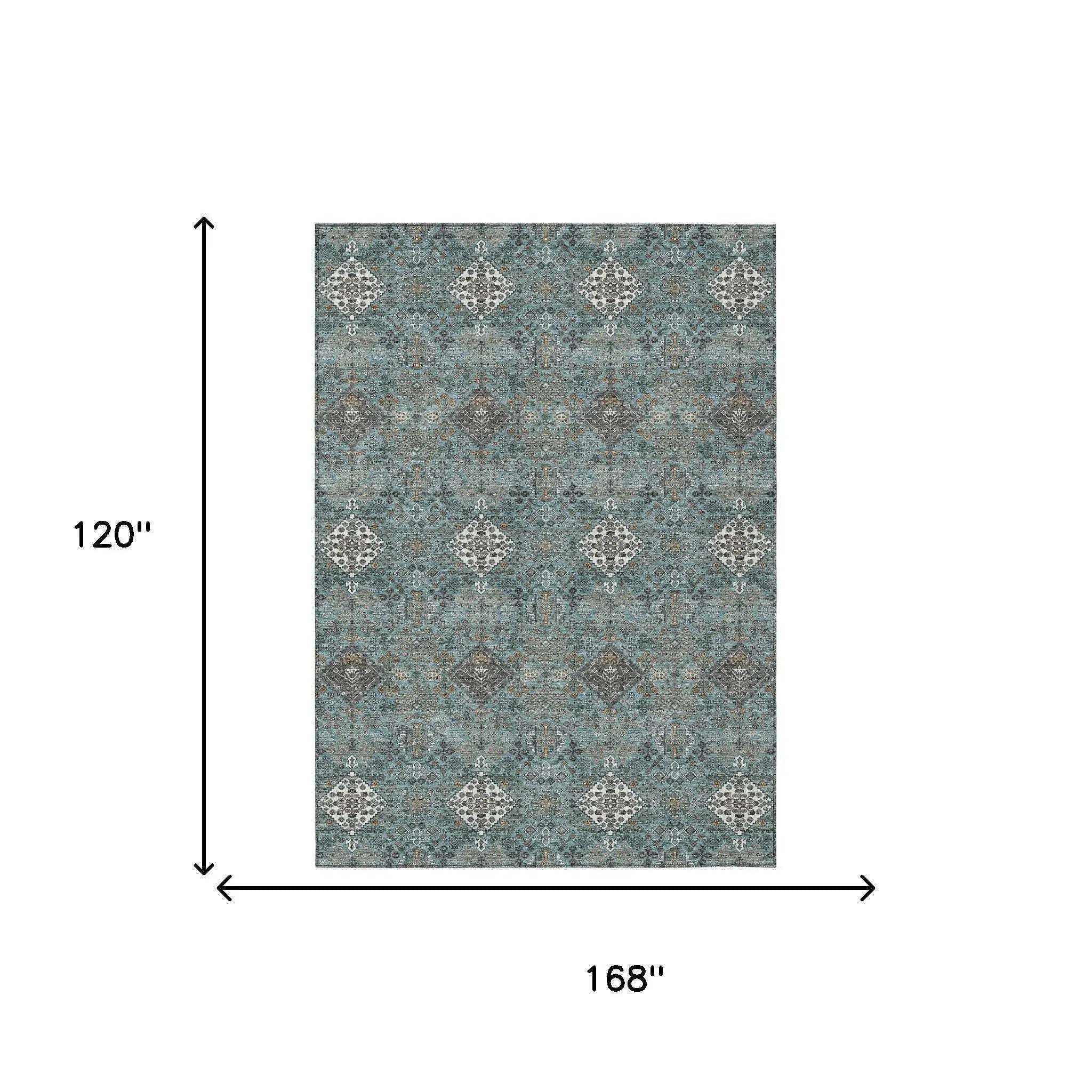 10' X 14' Teal Blue And Ivory Geometric Washable Indoor Outdoor Area Rug Homeroots Outdoor