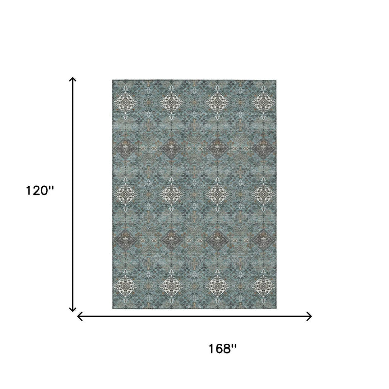 10' X 14' Teal Blue And Ivory Geometric Washable Indoor Outdoor Area Rug Homeroots Outdoor