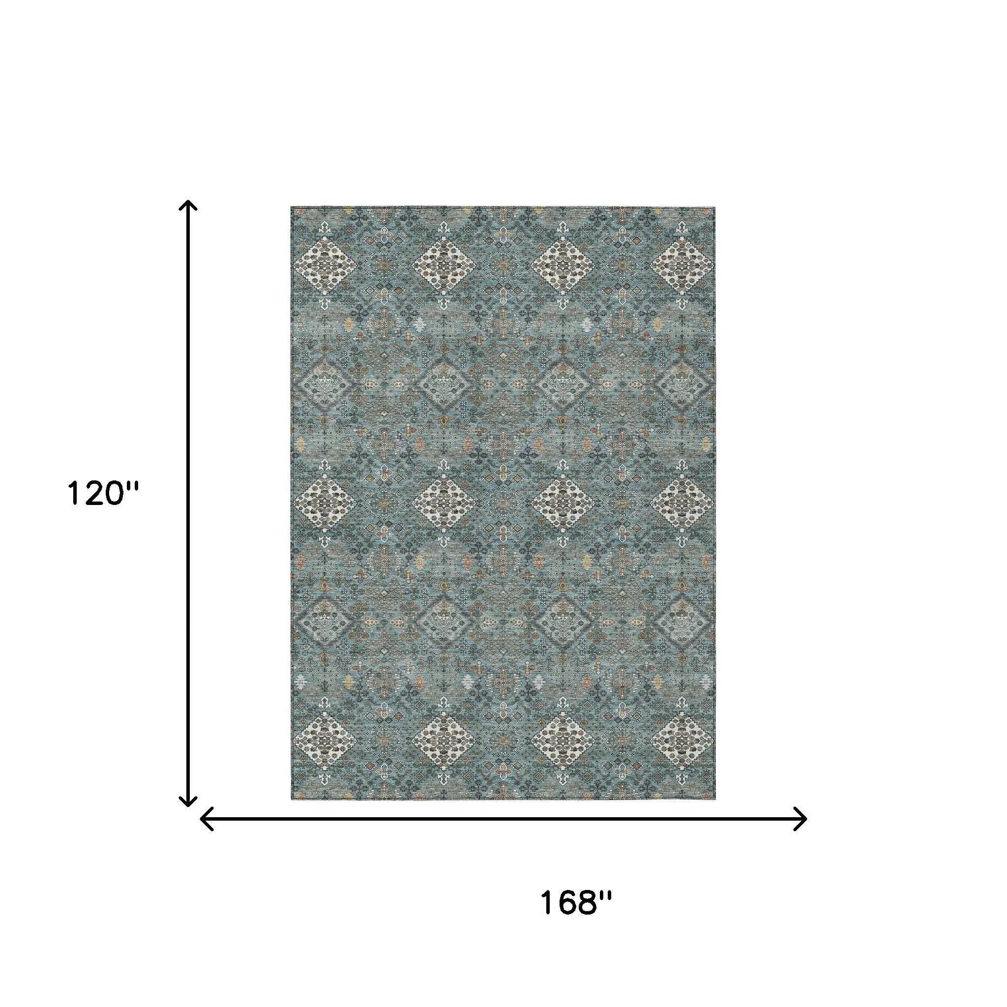10' X 14' Teal Blue And Ivory Geometric Washable Indoor Outdoor Area Rug Homeroots Outdoor