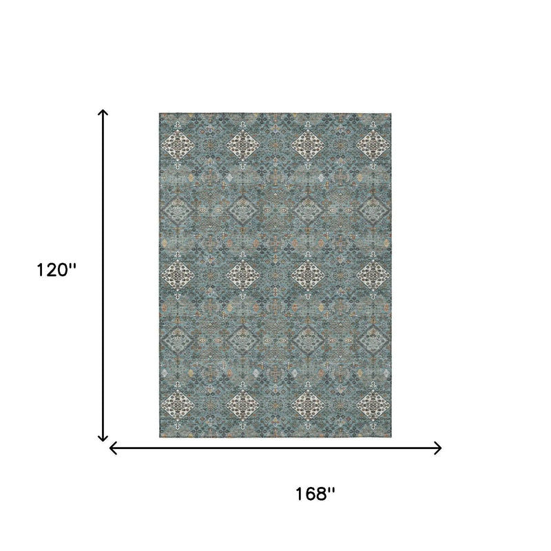 10' X 14' Teal Blue And Ivory Geometric Washable Indoor Outdoor Area Rug Homeroots Outdoor