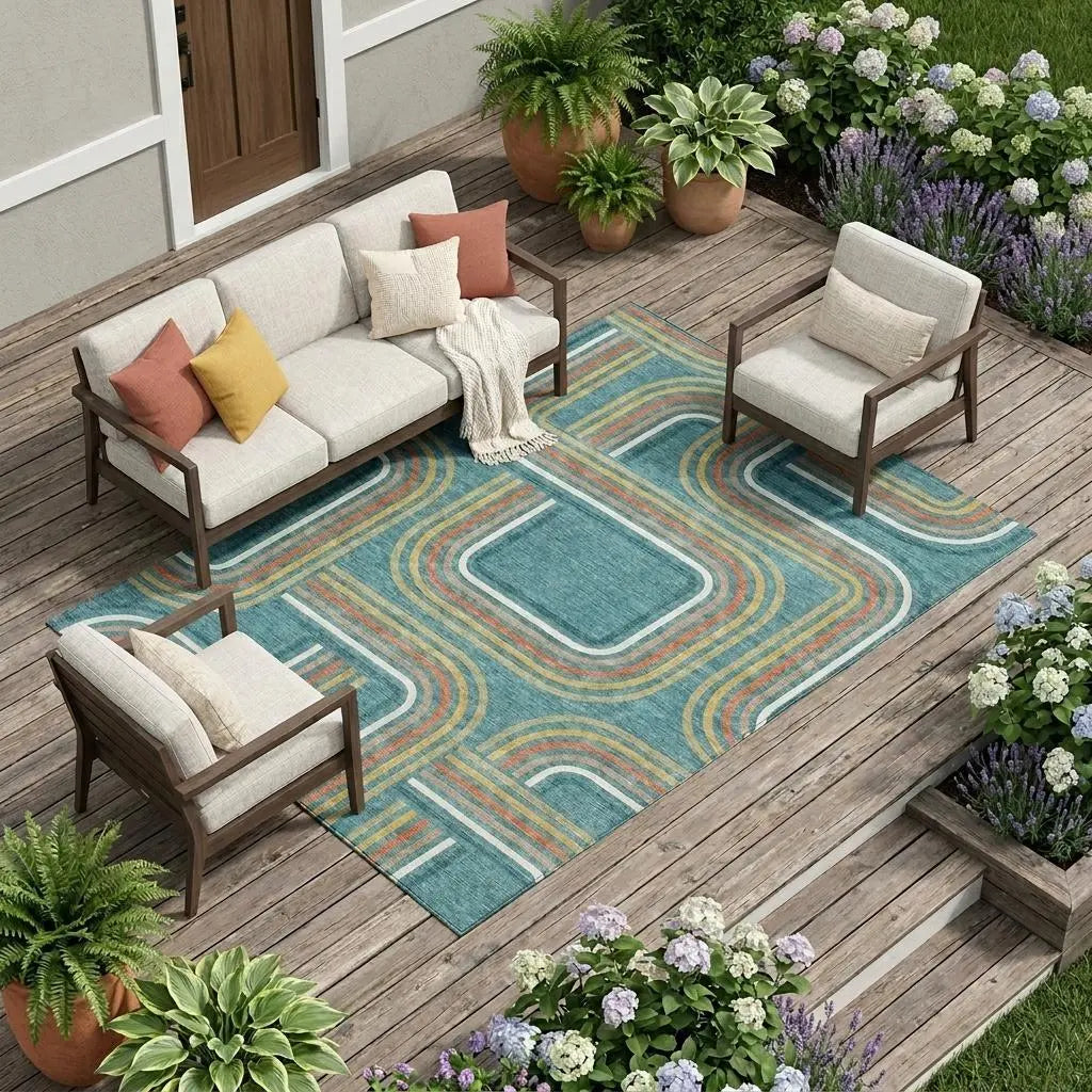 10' X 14' Teal Blue And Ivory Geometric Washable Indoor Outdoor Area Rug Homeroots Outdoor