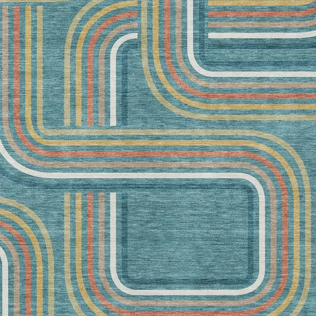 10' X 14' Teal Blue And Ivory Geometric Washable Indoor Outdoor Area Rug Homeroots Outdoor