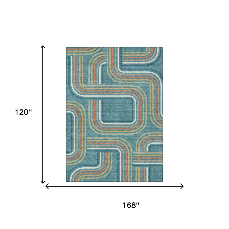 10' X 14' Teal Blue And Ivory Geometric Washable Indoor Outdoor Area Rug Homeroots Outdoor