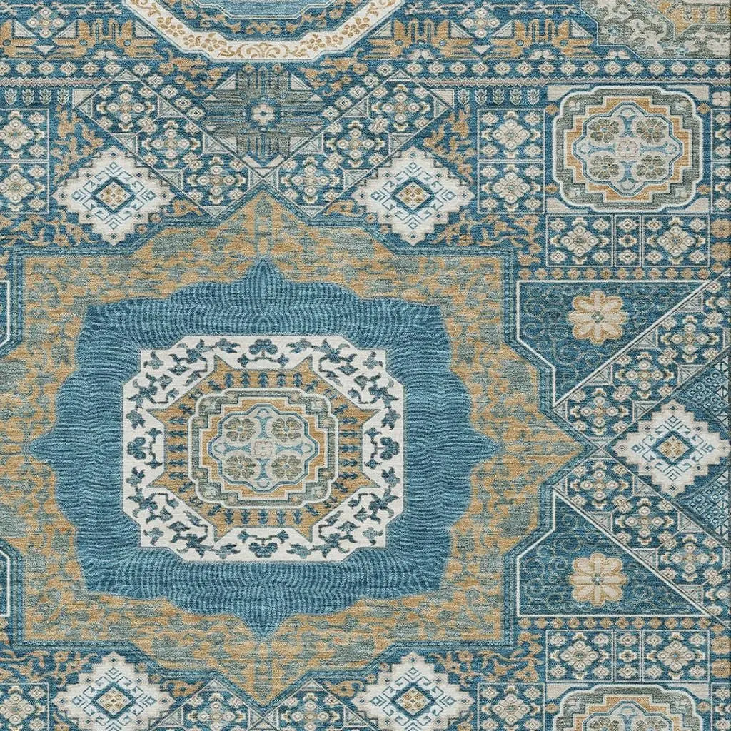 10' X 14' Teal Blue And Ivory Oriental Washable Indoor Outdoor Area Rug Homeroots Outdoor