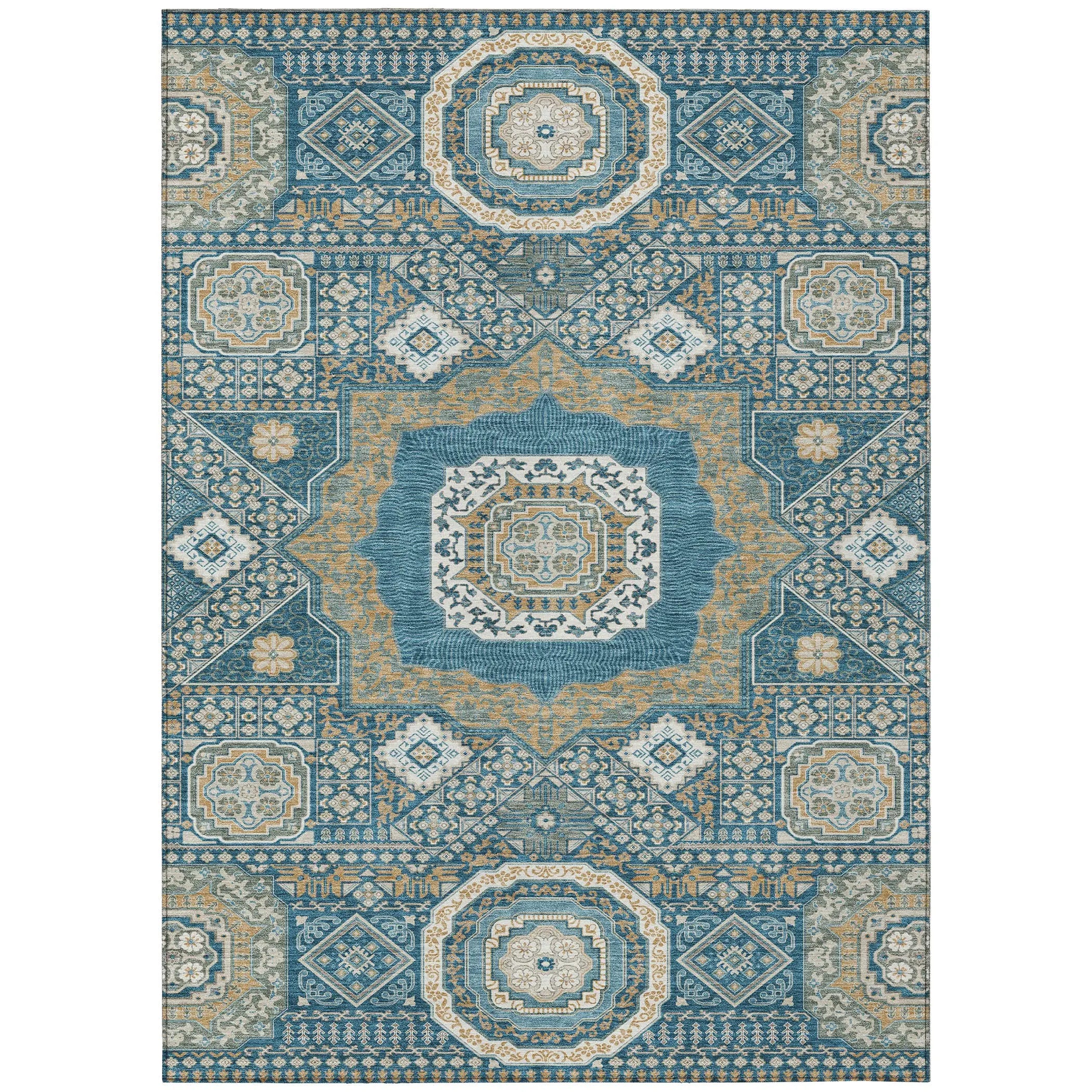 Blue and beige vintage-style area rug with intricate geometric patterns, ideal for bohemian or eclectic decor.