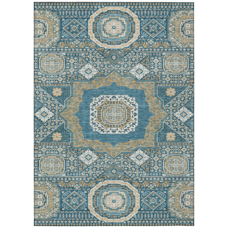 Blue and beige vintage-style area rug with intricate geometric patterns, ideal for bohemian or eclectic decor.