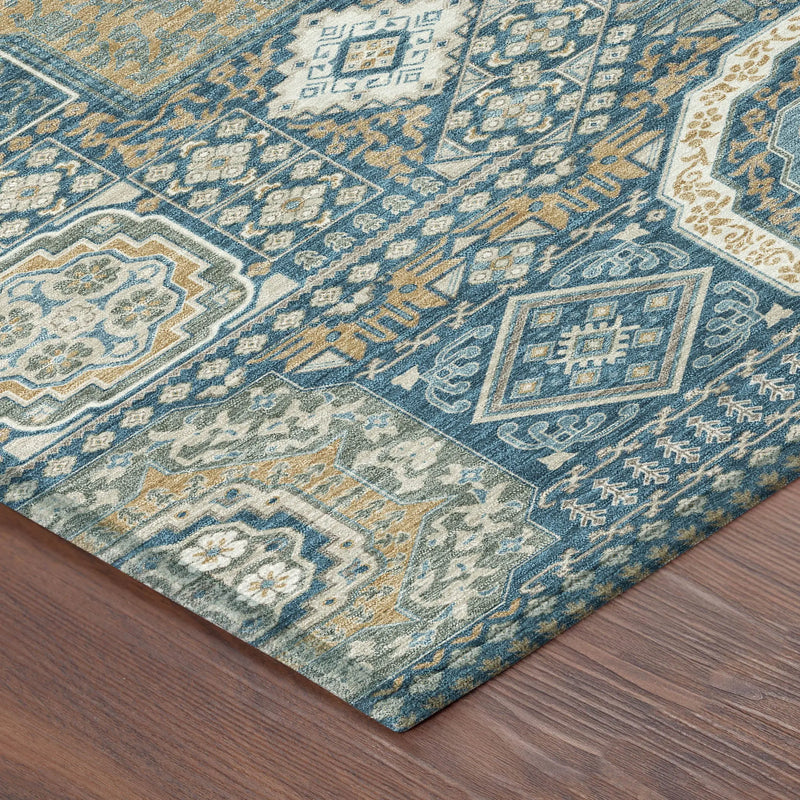 Blue and gold patterned area rug with intricate designs, made of durable synthetic fibers, ideal for stylish decor.