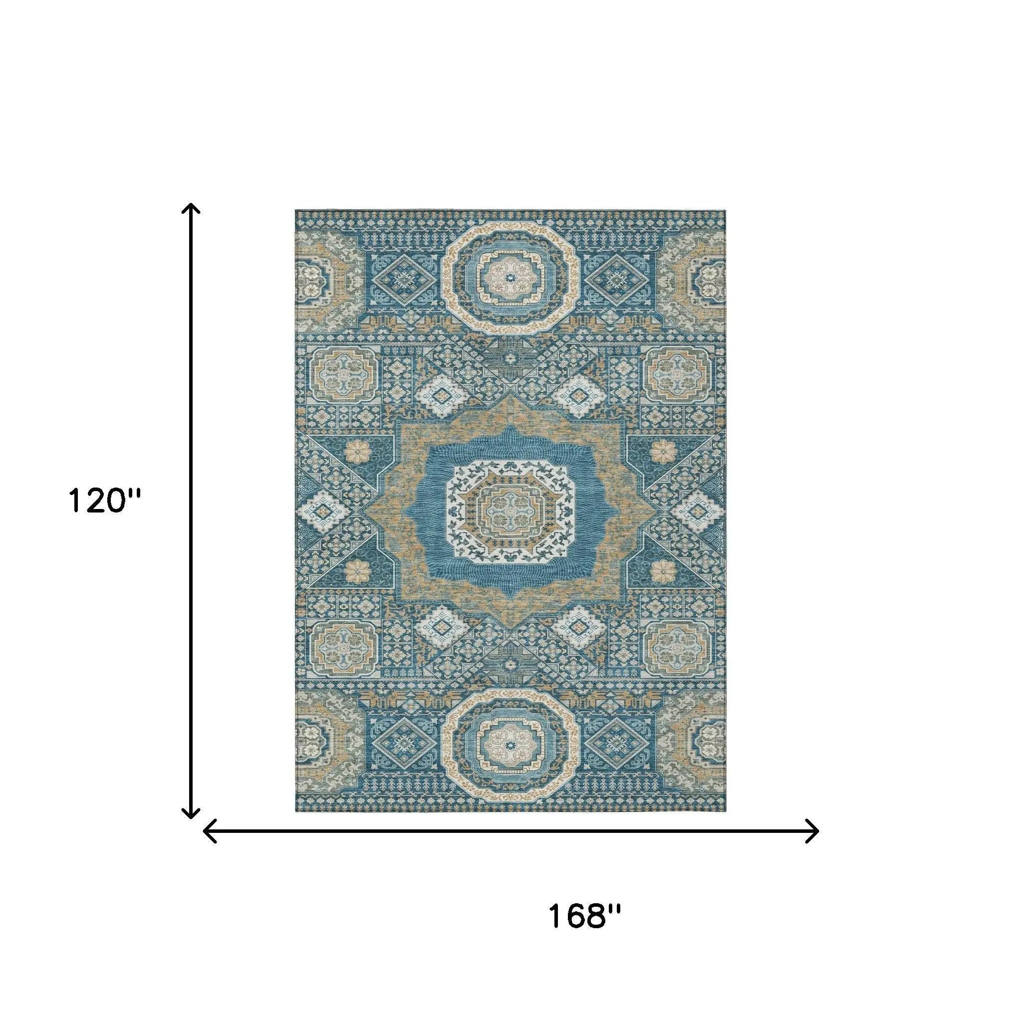 Blue and beige ornate area rug, 120" x 168", with intricate vintage patterns, perfect for stylish home decor.