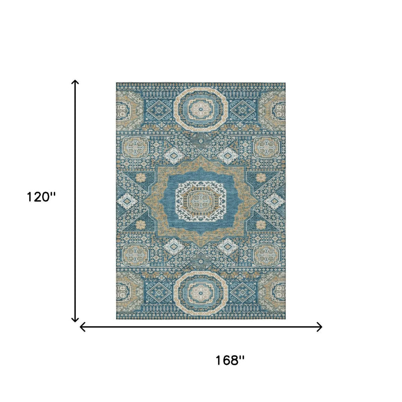 Blue and beige ornate area rug, 120" x 168", with intricate vintage patterns, perfect for stylish home decor.