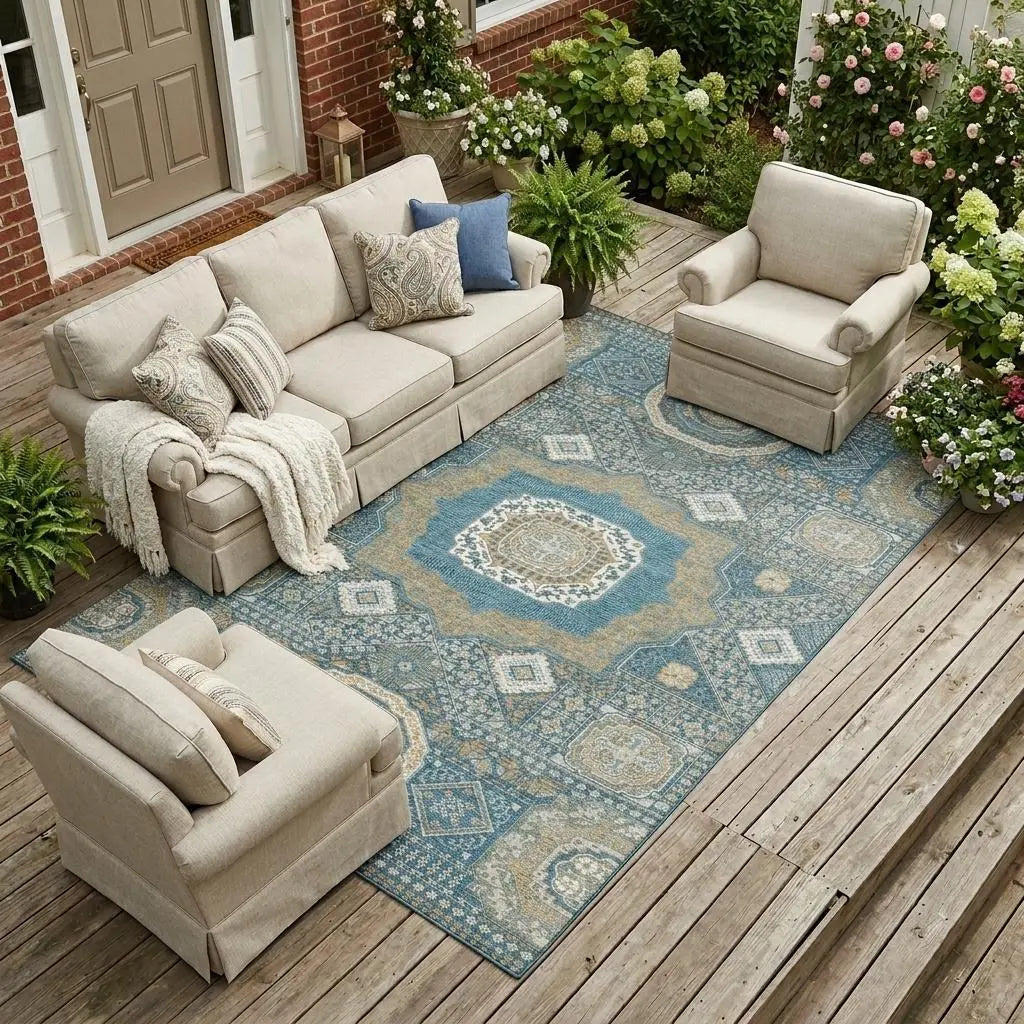 Light beige outdoor sofa and chair set on a blue patterned area rug, surrounded by lush plants and flowers.