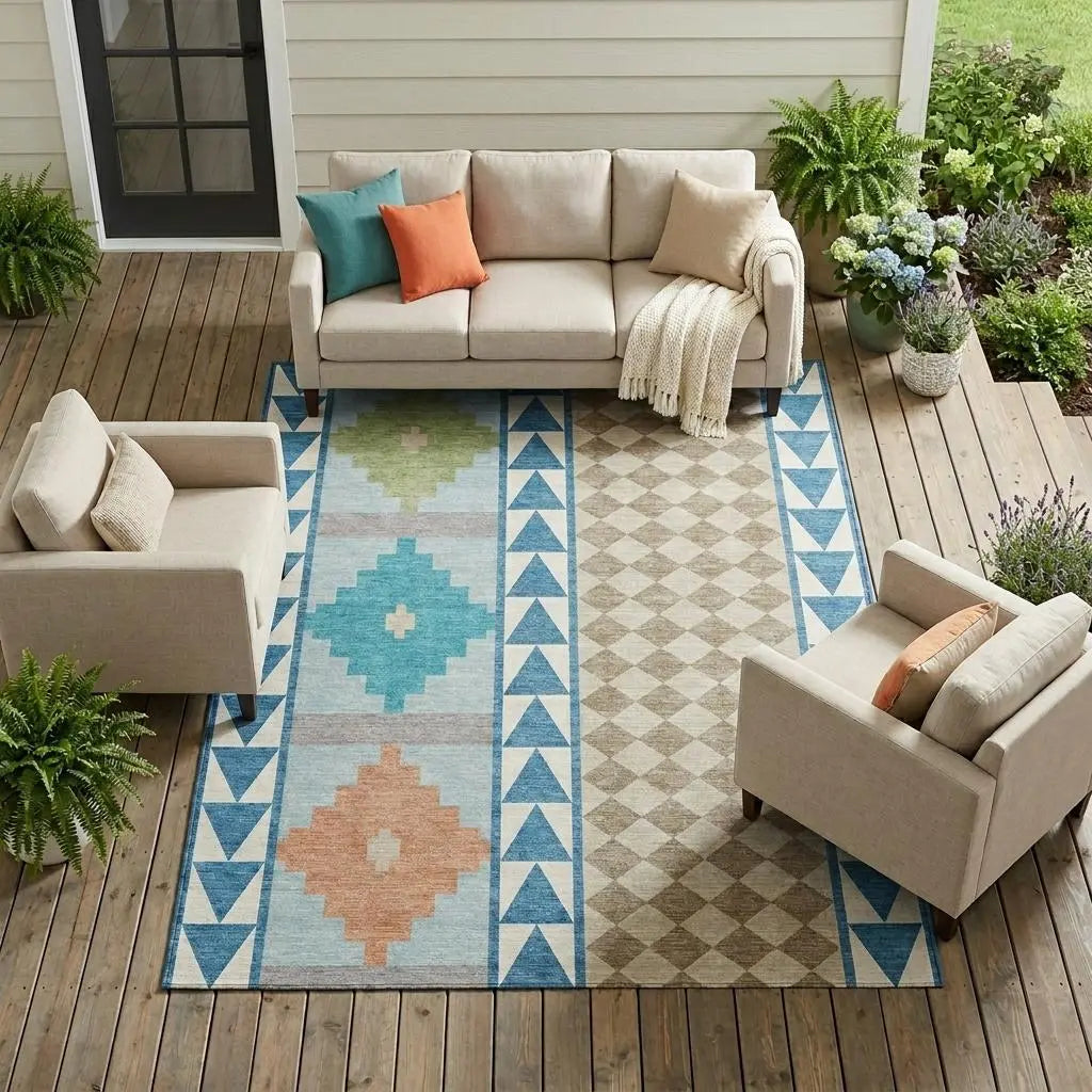 10' X 14' Teal Blue And Ivory Southwestern Washable Indoor Outdoor Area Rug Homeroots Outdoor