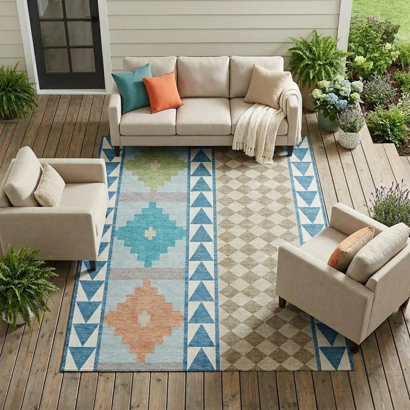 10' X 14' Teal Blue And Ivory Southwestern Washable Indoor Outdoor Area Rug Homeroots Outdoor