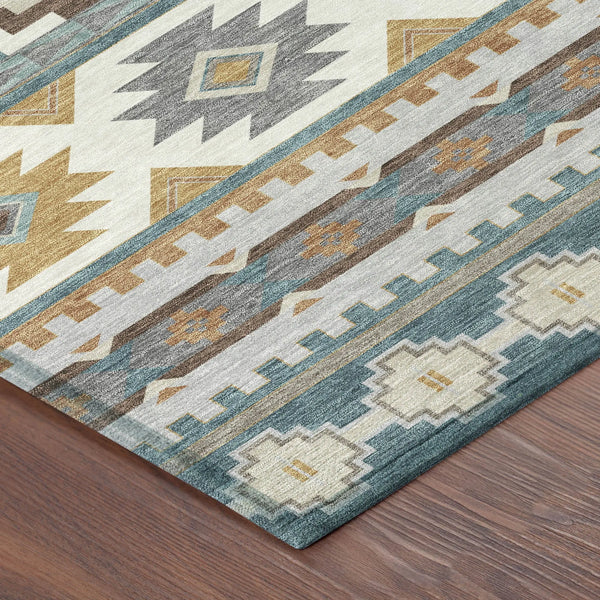 10' X 14' Teal Blue And Ivory Southwestern Washable Indoor Outdoor Area Rug Homeroots Outdoor