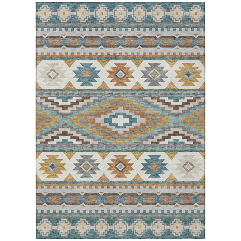 10' X 14' Teal Blue And Ivory Southwestern Washable Indoor Outdoor Area Rug Homeroots Outdoor