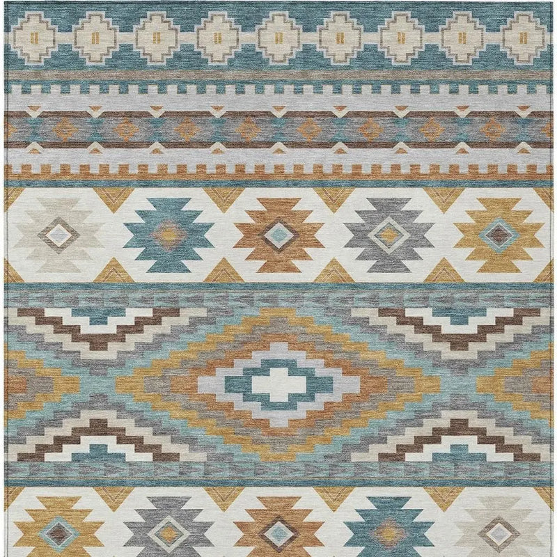 10' X 14' Teal Blue And Ivory Southwestern Washable Indoor Outdoor Area Rug Homeroots Outdoor