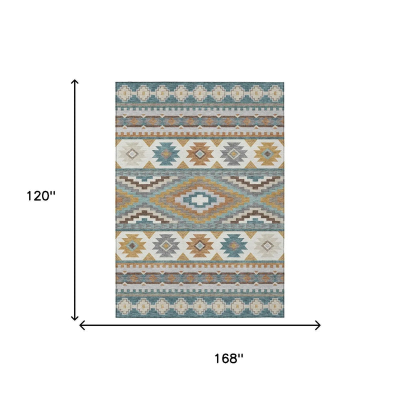 10' X 14' Teal Blue And Ivory Southwestern Washable Indoor Outdoor Area Rug Homeroots Outdoor