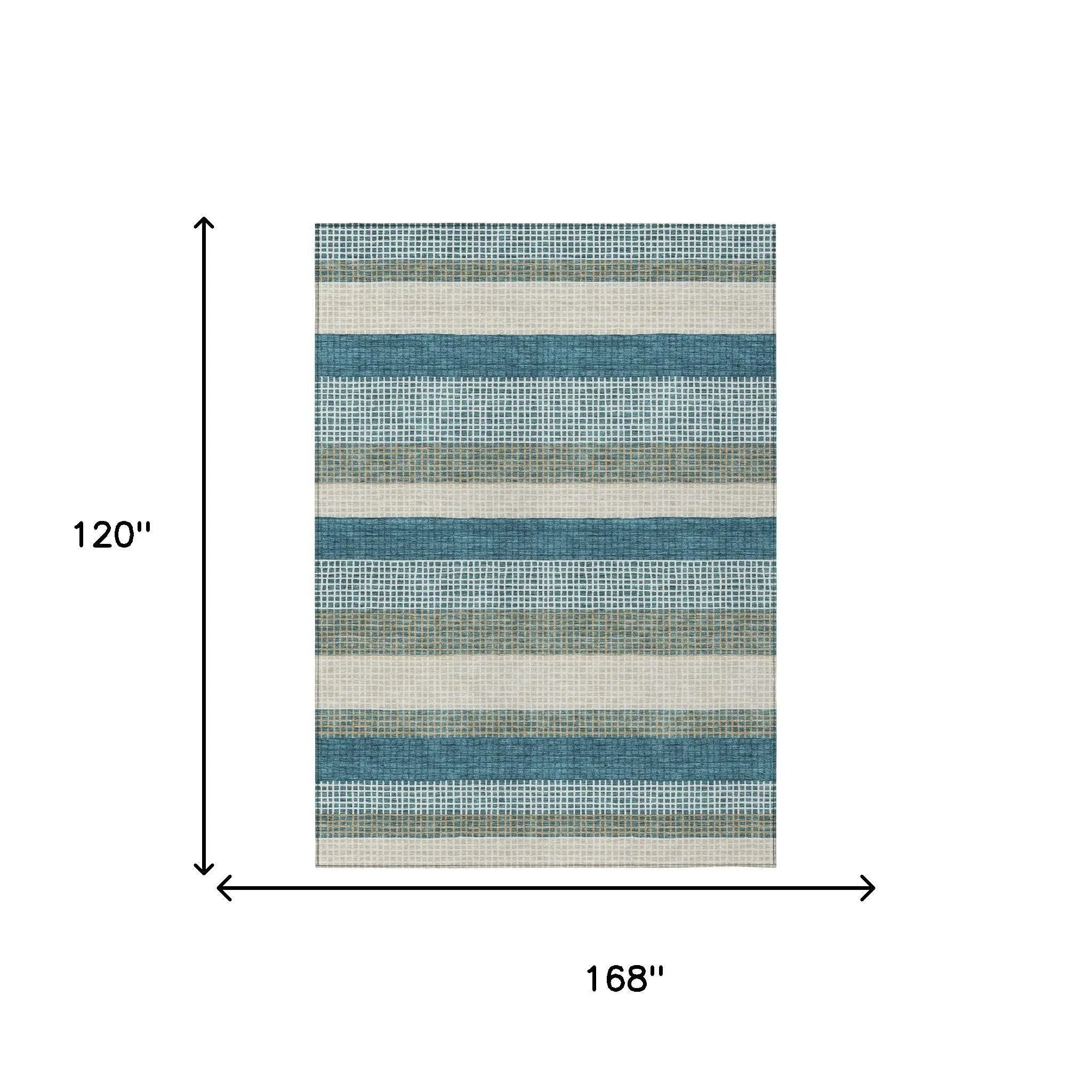 10' X 14' Teal Blue And Ivory Striped Washable Indoor Outdoor Area Rug Homeroots Outdoor