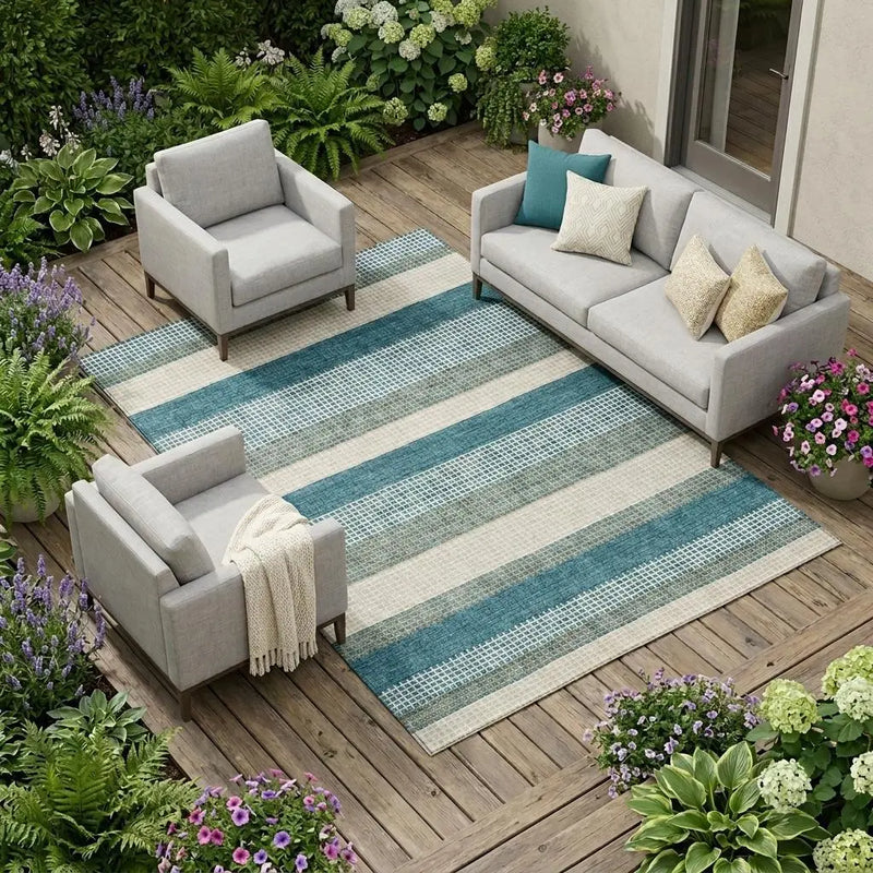 10' X 14' Teal Blue And Ivory Striped Washable Indoor Outdoor Area Rug Homeroots Outdoor