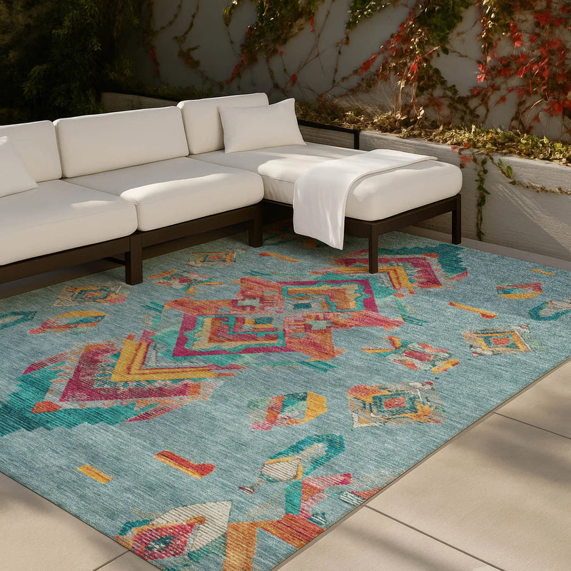 10' X 14' Teal Blue And Ivory Tribal Washable Indoor Outdoor Area Rug Homeroots Outdoor