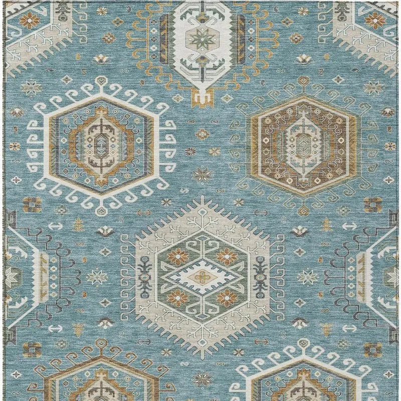10' X 14' Teal Blue And Ivory Tribal Washable Indoor Outdoor Area Rug Homeroots Outdoor