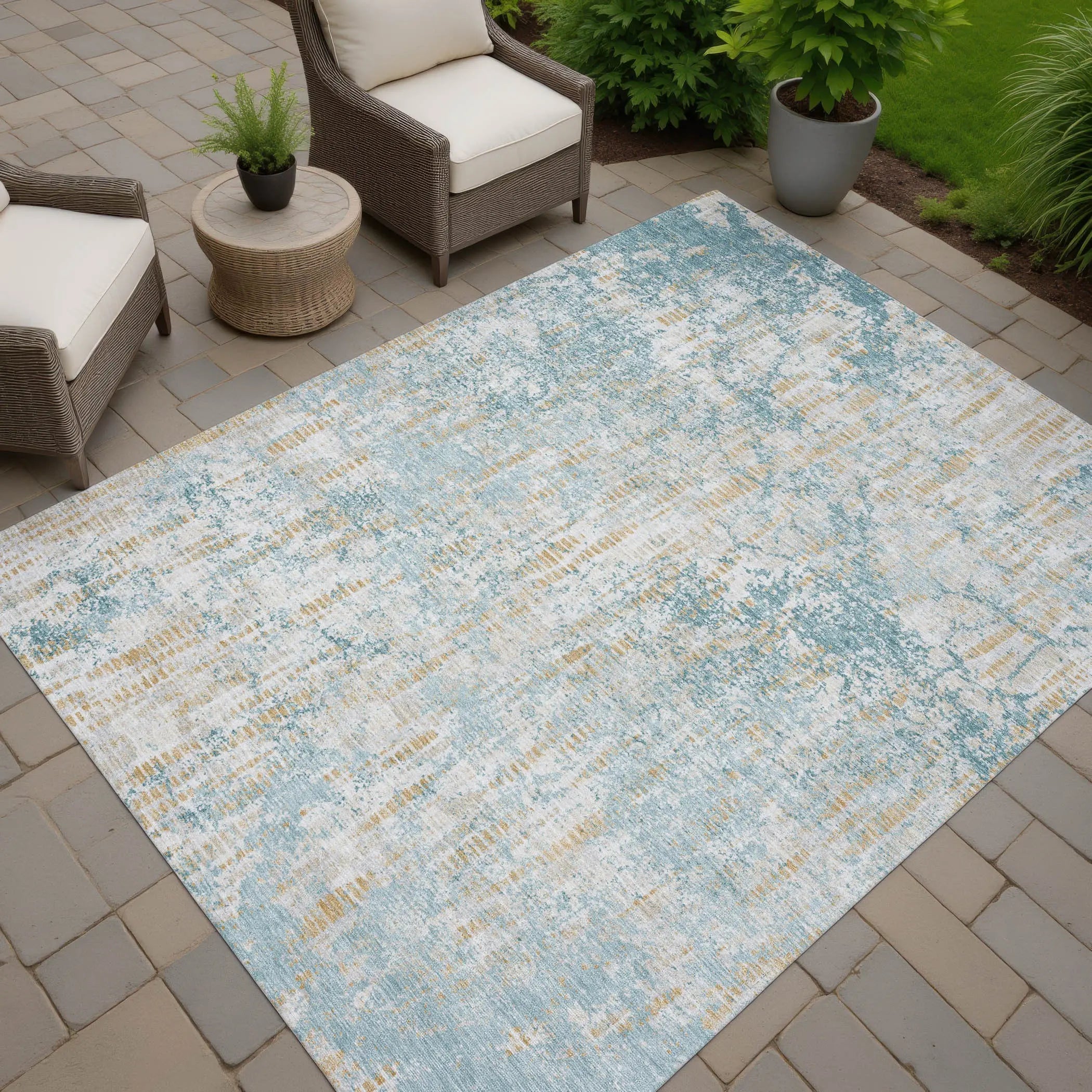 10' X 14' Teal Blue And Linen Abstract Washable Indoor Outdoor Area Rug Homeroots Outdoor