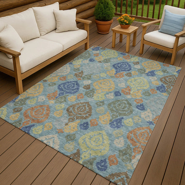 10' X 14' Teal Blue And Navy Blue Damask Washable Indoor Outdoor Area Rug Homeroots Outdoor