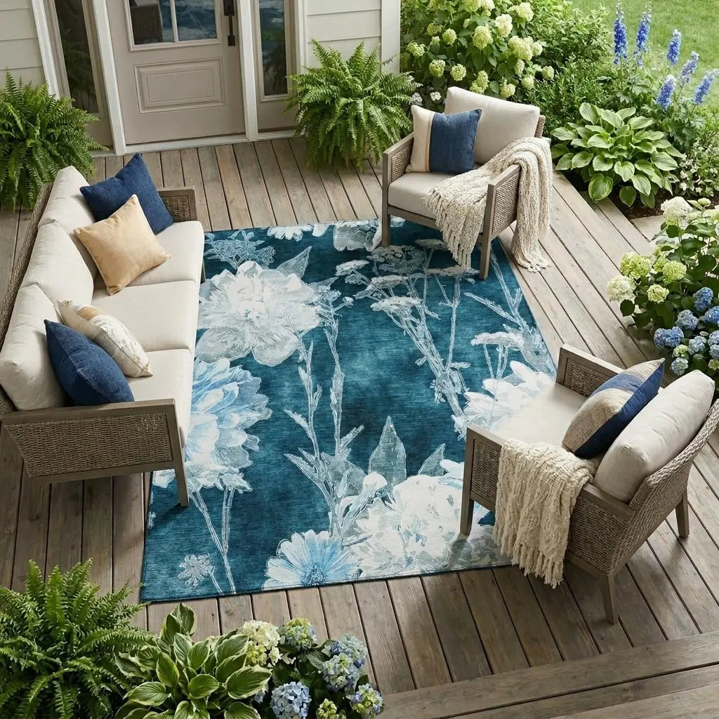 10' X 14' Teal Blue And Navy Blue Floral Washable Indoor Outdoor Area Rug Homeroots Outdoor