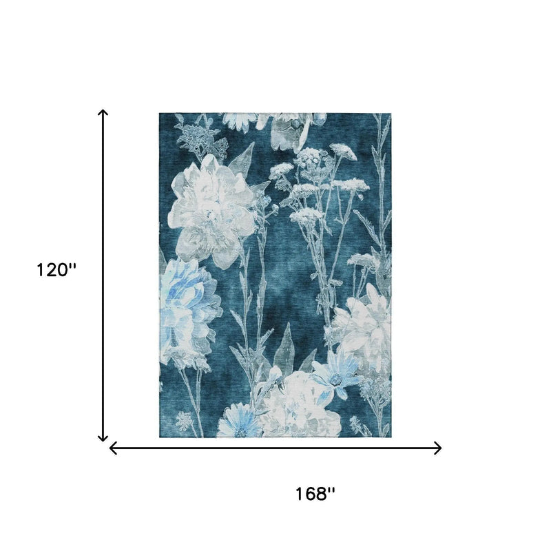 10' X 14' Teal Blue And Navy Blue Floral Washable Indoor Outdoor Area Rug Homeroots Outdoor