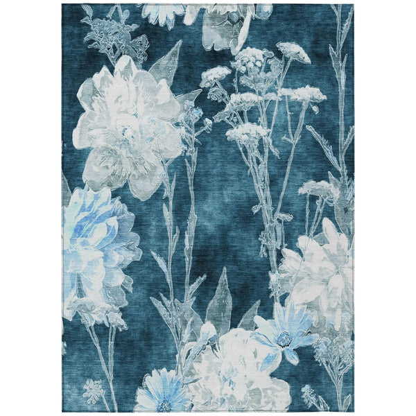 10' X 14' Teal Blue And Navy Blue Floral Washable Indoor Outdoor Area Rug Homeroots Outdoor