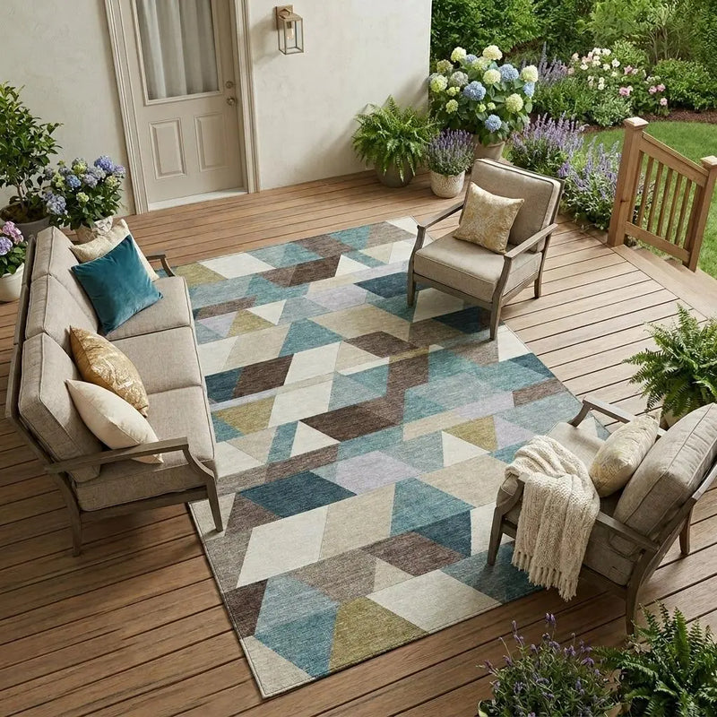 10' X 14' Teal Blue And Pale Aqua Geometric Washable Indoor Outdoor Area Rug Homeroots Outdoor
