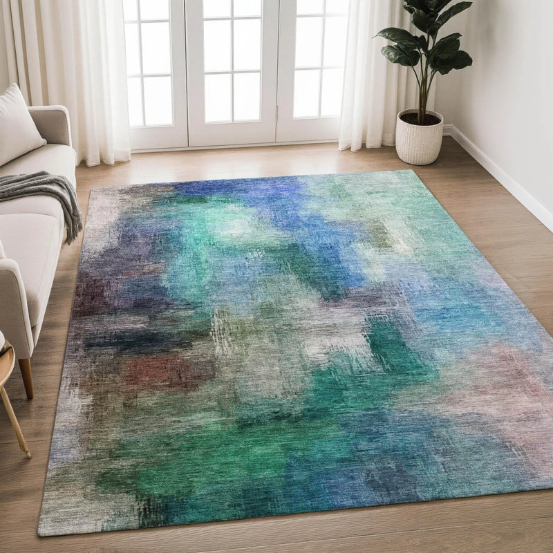10' X 14' Teal Blue And Pewter Abstract Washable Indoor Outdoor Area Rug Homeroots Outdoor