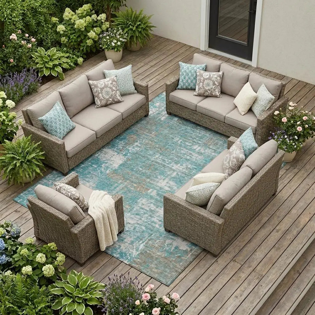 10' X 14' Teal Blue And Pewter Abstract Washable Indoor Outdoor Area Rug Homeroots Outdoor