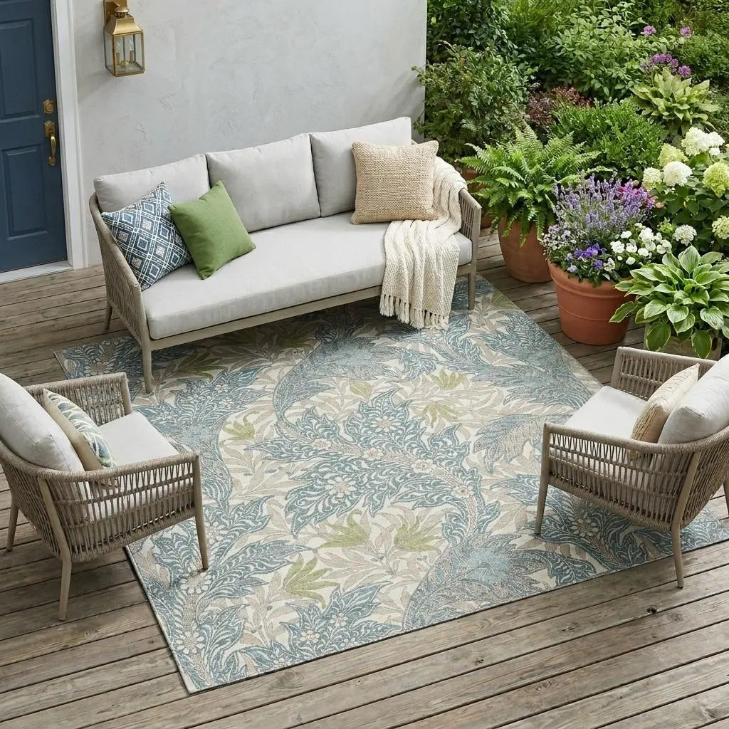 10' X 14' Teal Blue And Pewter Botanical Leaves Washable Indoor Outdoor Area Rug Homeroots Outdoor