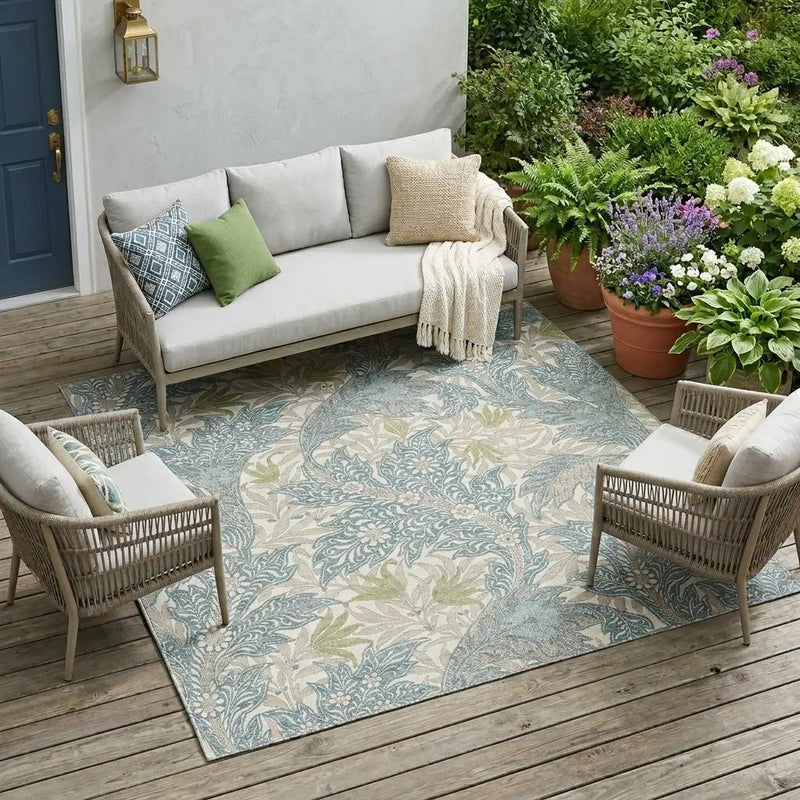 10' X 14' Teal Blue And Pewter Botanical Leaves Washable Indoor Outdoor Area Rug Homeroots Outdoor