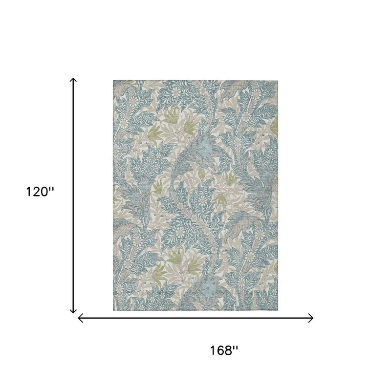 10' X 14' Teal Blue And Pewter Botanical Leaves Washable Indoor Outdoor Area Rug Homeroots Outdoor