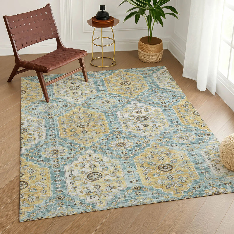 10' X 14' Teal Blue And Pewter Damask Washable Indoor Outdoor Area Rug Homeroots Outdoor
