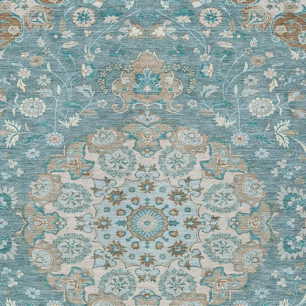 10' X 14' Teal Blue And Pewter Damask Washable Indoor Outdoor Area Rug Homeroots Outdoor