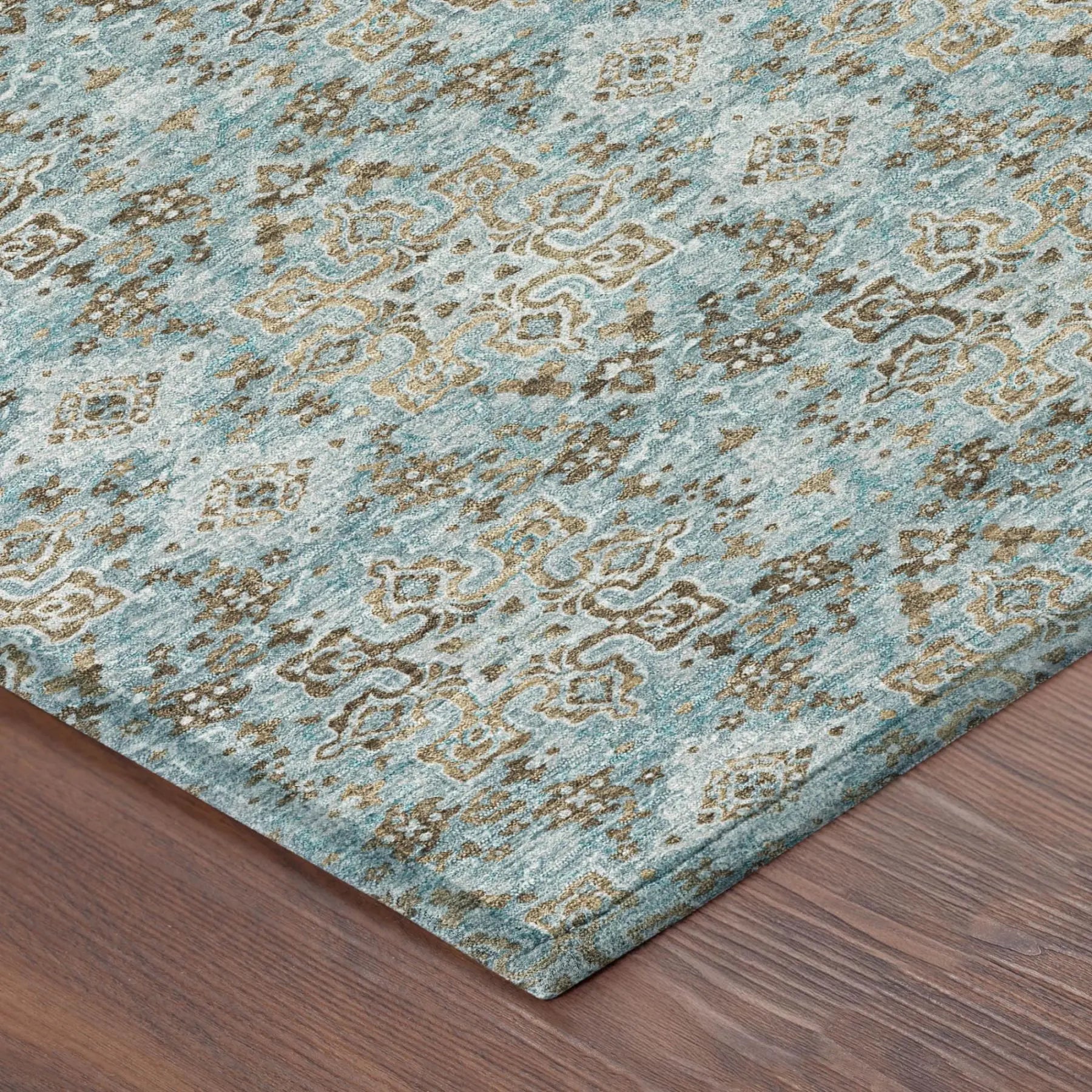 10' X 14' Teal Blue And Pewter Damask Washable Indoor Outdoor Area Rug Homeroots Outdoor