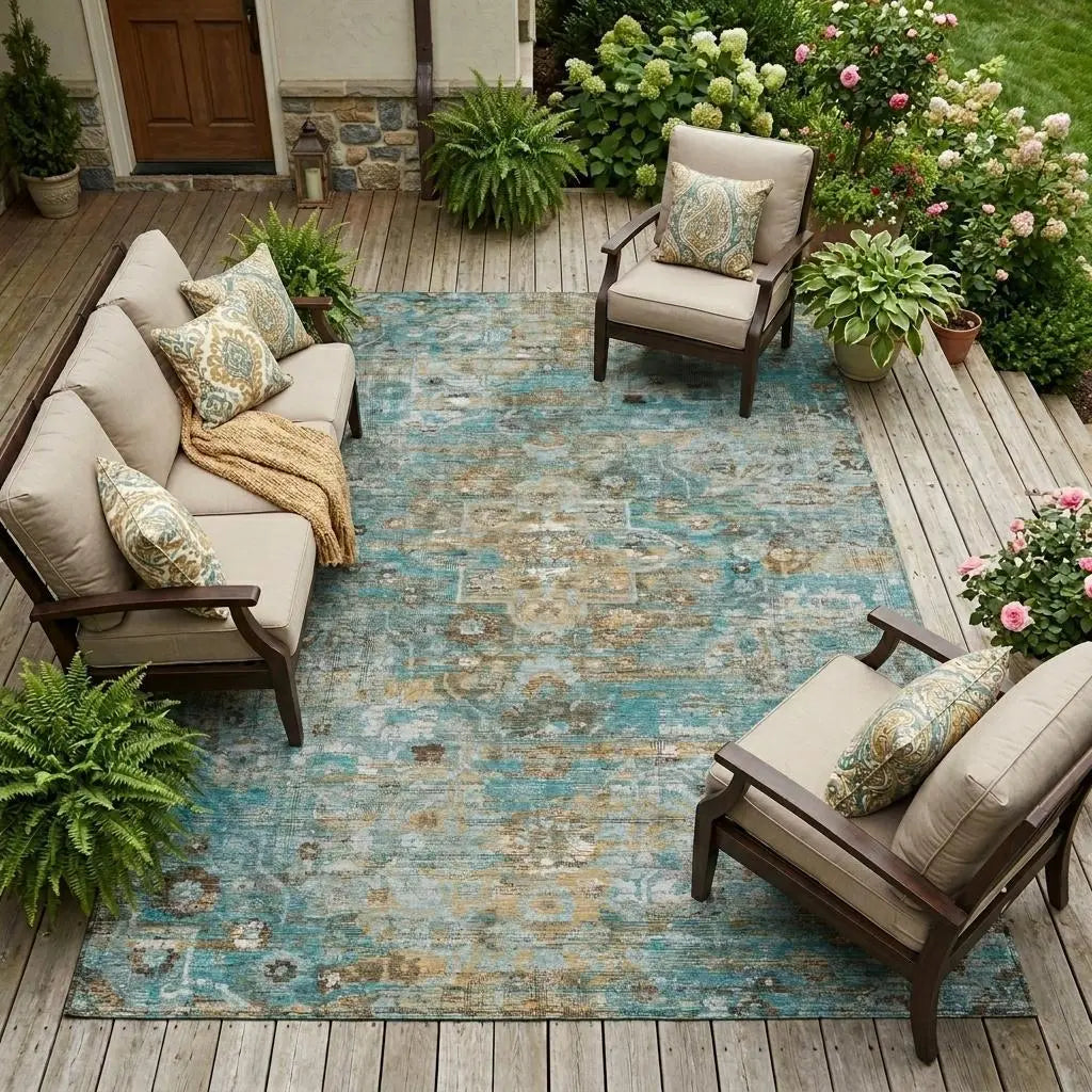 10' X 14' Teal Blue And Pewter Floral Medallion Washable Indoor Outdoor Area Rug Homeroots Outdoor